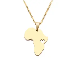 Stainless Steel Africa Map Heart Pendant Necklace (Gold, Silver & Rose Gold)
