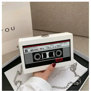 Acoustic Cassette Bag AI60 N.R.I MUSIC MIX THIS IS A BAG with Chain Strap White Fashion Accessory