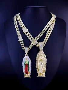 Cuban Link Chain Virgin Mary Pendant 24inch Necklace Gold-Plated with Detailed Enamel and Rhinestone Accents Jewelry Accessories Jewelry Gifts