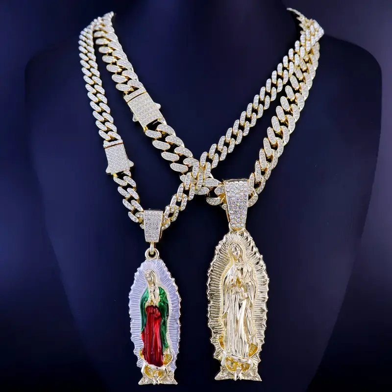 Women's 24in Chunky Gold Plated Alloy Cuban Links Necklace - Chain Design, Detailed Enamel-Rhinestones Faith Pendant, Casual Fashion Jewelry Gift for Accessory Lovers