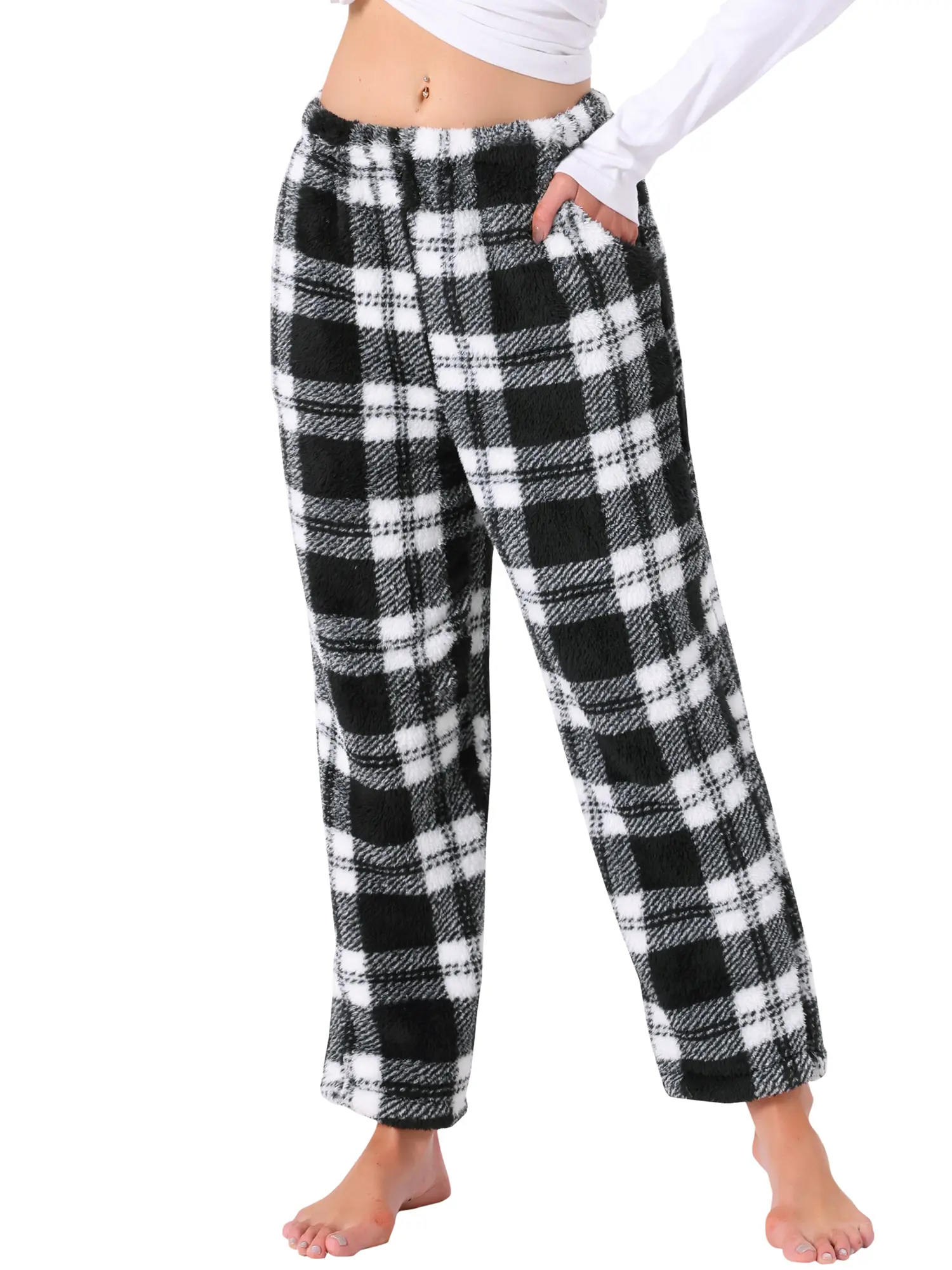 INSPIRE CHIC Women's Fuzzy Fleece Plush Plaid Pajama Pants Winter Warm Lounge Sleepwear with Pockets Bottoms
