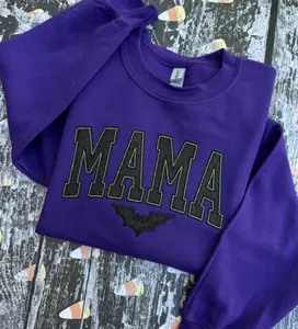 Purple Mama Bat Embroidered Glitter Crewneck Sweatshirt