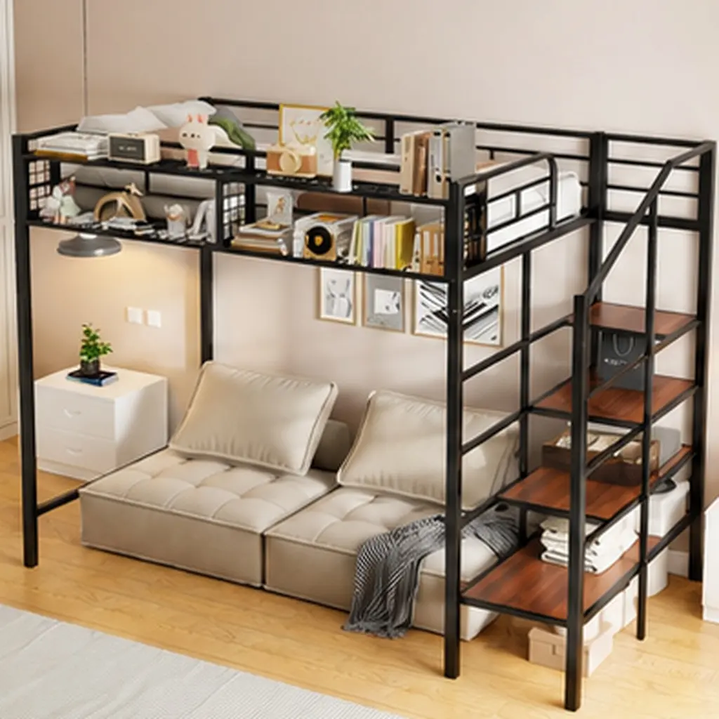 Twin Size Metal Loft Bed with Upper Grid Storage Shelf and Lateral Storage Ladder, Black MDF+Metal Frame, Space-Saving Design for Bedroom, Durable Slat Support, No Box Spring Needed, 92.5L x 47.8W x 70.9H Inches, Black Color Options