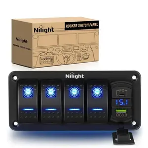 Nilight 4-Gang Aluminum 5-Pin ON/OFF Blue Light Switch Panel with PD Type-C and USB Charger, Voltmeter