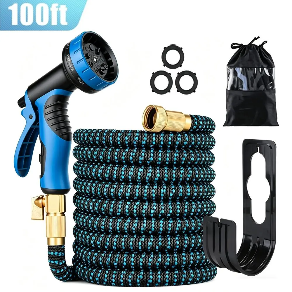100FT Deluxe Expandable Woven Fabric Outdoor Garden Hose - Heavy Duty, No-Kink, Leak Resistant, 8 Adjustable Sprays, US Standard Connectors, Lightweight & Portable, Easy to Store for Gardening, Car Washing