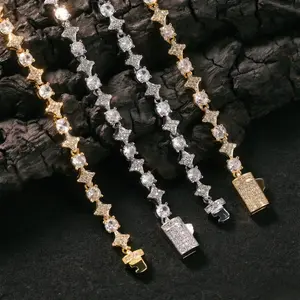 Mixed Quadrangular Star Tennis Chain Necklace & Bracelet Round Cut Iced Out Moissanite HipHop Jewelry Gift Luxury Shine Unisex Trend