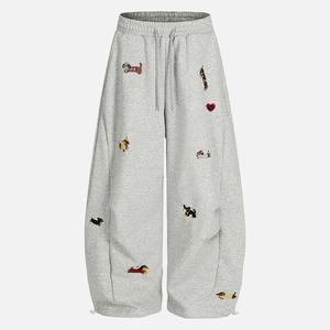 Aelfric Eden Women's Embroidered Cartoon Animal High-Waist Medium Baggy Wide-Leg Sweatpants - Drawstring Elastic Waist, Pockets, Casual Vintage Streetwear Unisex Joggers, Cute Trendy Clothes, Women's Clothes, Medium Baggy Pants