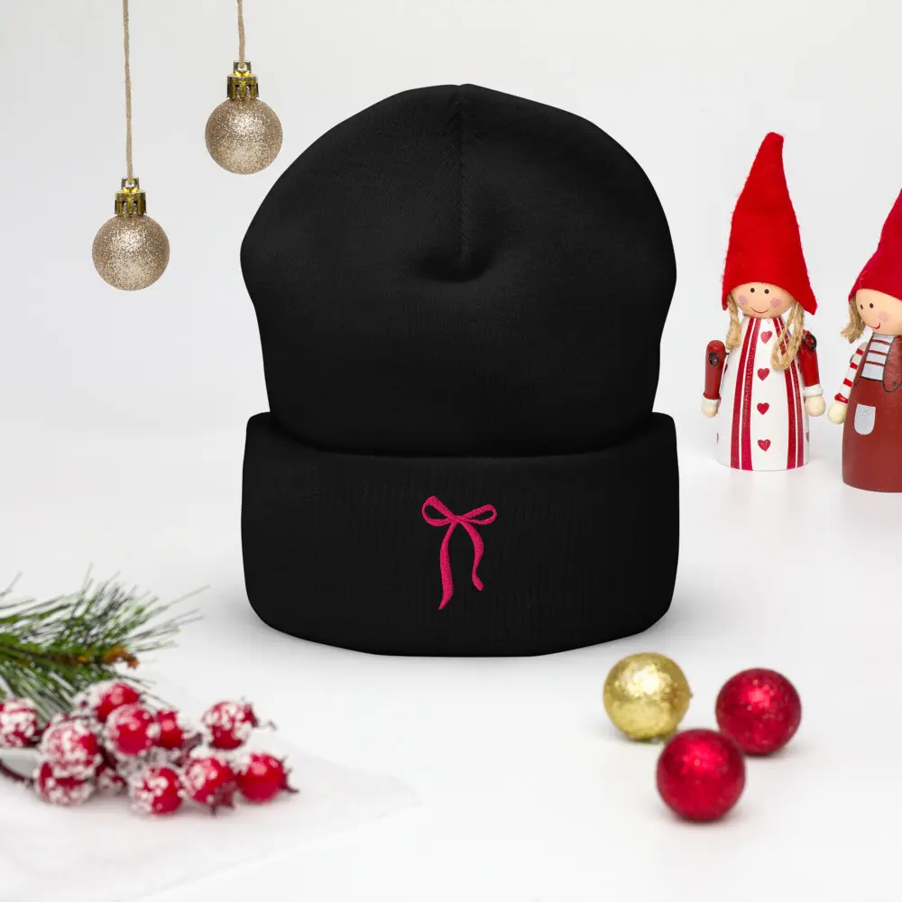 Embroidered Pink Bow Cuffed Beanie beanie hat