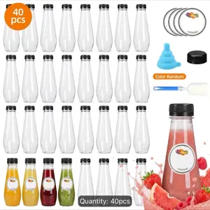 40pcs 12oz Empty Plastic Bottles, Cone Juice Bottles with Caps, Bulk Reusable Bottles, Clear Juicing Bottles for Juice, Smoothies, Tea, Coffee, 7.3x2.36in, with A Random Funnel And Cup Brush