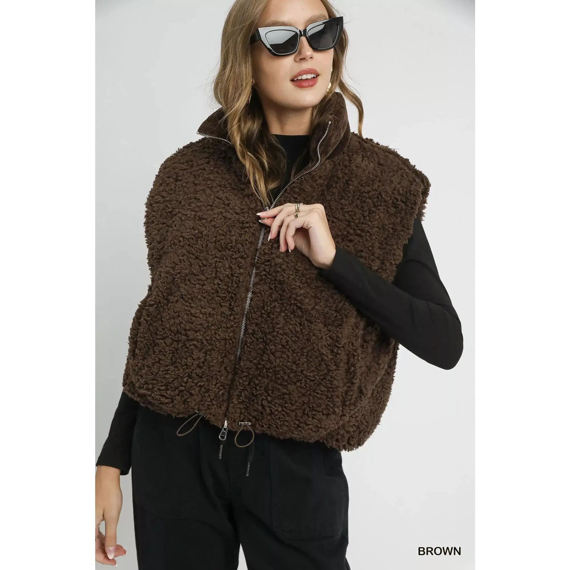 Umgee Sherpa-Lined Zip Vest with Drawstring Hem