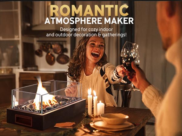 Rantizon Tabletop Fire Pit, Stainless Steel Table Top Firepit with Cobblestone & Protective Glass, Portable Smokeless Indoor & Outdoor Table Fireplace with Handle for Dinner Parties, Smores Maker