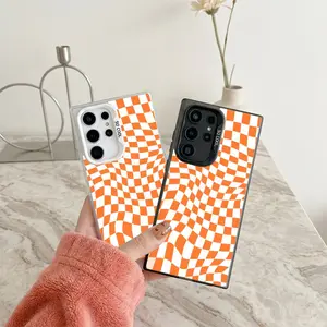 Orange Warped Checkerboard Phone Case SamsungS26U/26/25U/25/24U/24/23/22 Shockproof Non-Yellowing Crystal Clear Durable Anti-Fingerprint Colorful Silver Phone Case roo20841