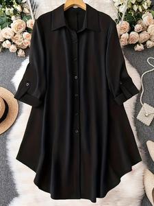 【plus size】 minimalist solid long sleeve button front fitted shirt, longsleeves blouses, womenswear blouse, lady casual chic comfort collared button up top for spring & fall, elegant plus size