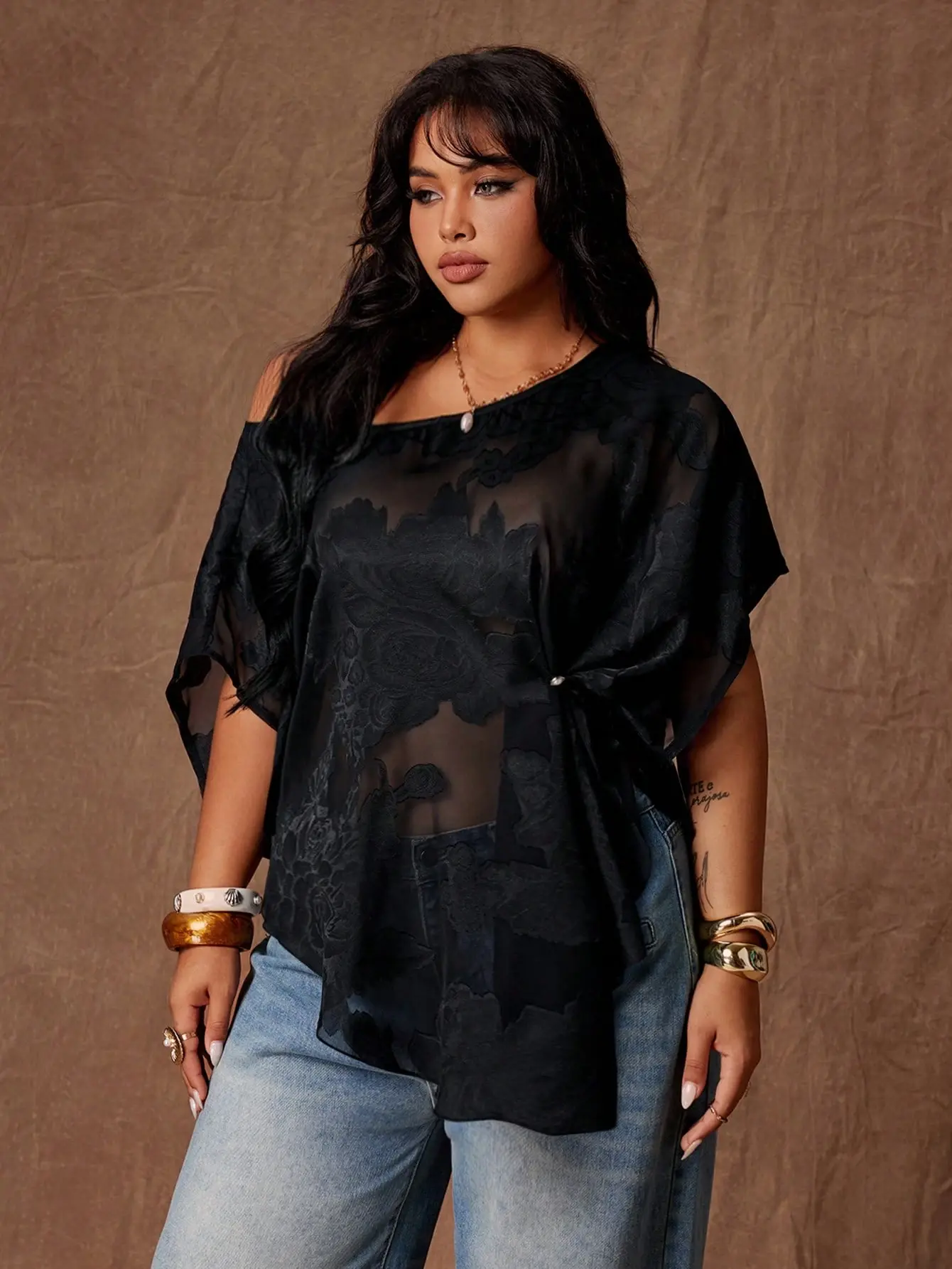 VYNCE Plus Size Black Chiffon Summer Blouse Oblique Shoulder Short Sleeve Sheer Textured Beach Resortwear Top