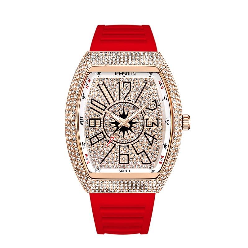 Men's Iced Out Tonneau Watch, Luxury Rhinestone Encrusted Quartz Wristwatch with Silicone Band, Hip Hop Fashion Casual Timepiece for Men