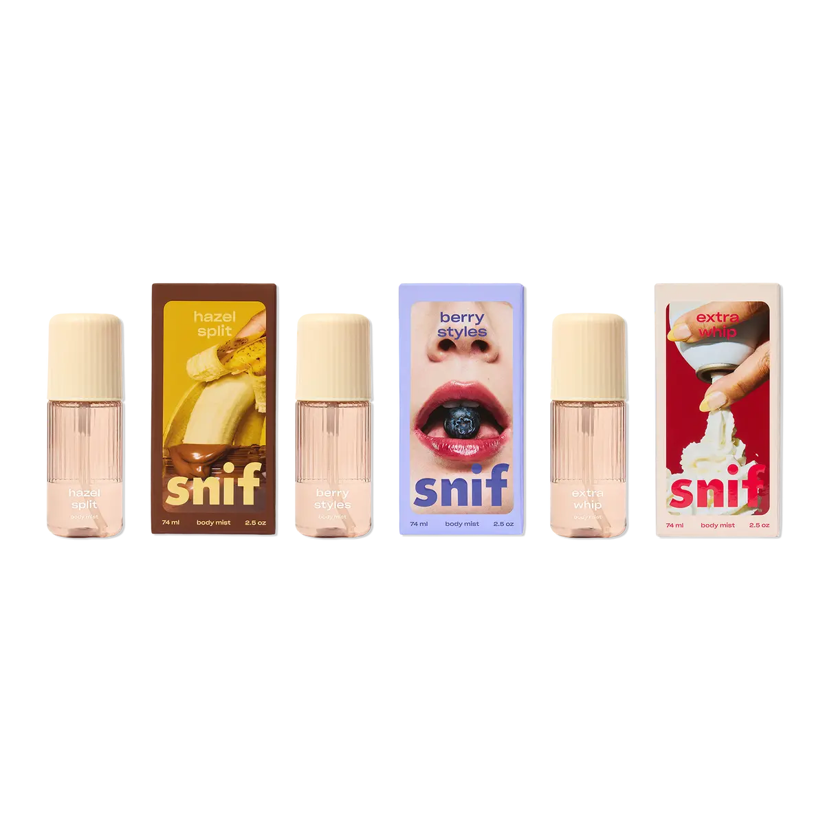 Snif Gourmand Body Mist Scent Layering Trio - 2.5 Oz Sampler In Vanilla, Berry, Hazelnut Snif Gourmand Body Mist Scent Layering Trio - 2.5 Oz Sampler In Vanilla, Berry, Hazelnut