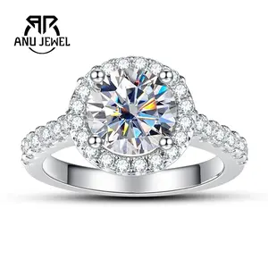 AnuJewel 2CT Halo Moissanite Engagement Wedding Ring Round Cut D Color VVS1 S925 Ring Anniversary Promise Christmas Gift for Women Classic Ring Jewelry with Certificate