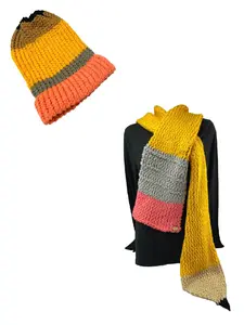Handmade 2 pc Knitted Yellow Pencil Scarf and Hat set