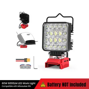 Azocek 60W 6000LM Cordless LED Work Light Compatible with Milwaukee 18V Battery – USB & Type-C Charging, 360° Adjustable Head – For Camping, Garage, Emergency Use (No Battery Included)