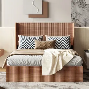 Rustic Brown Queen Wooden Lift Storage Bed Frame - Large Grooved Undulating Design, Slatted Platform (No Box Spring Needed, Noise-Free)