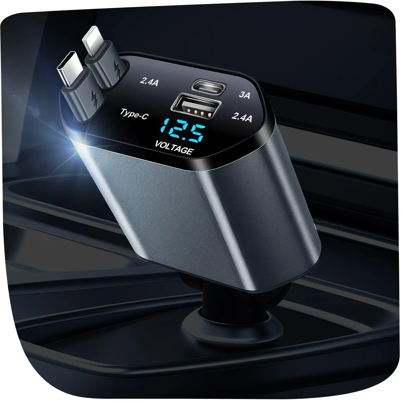 120W 4-in-1 Retractable Vehicle Charger - Fast-Charging Multiport Type C Adapter, Car Charger Retractable Lightning Cable