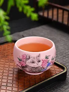 001-Hand-painted pink teacup with a cat and its owner