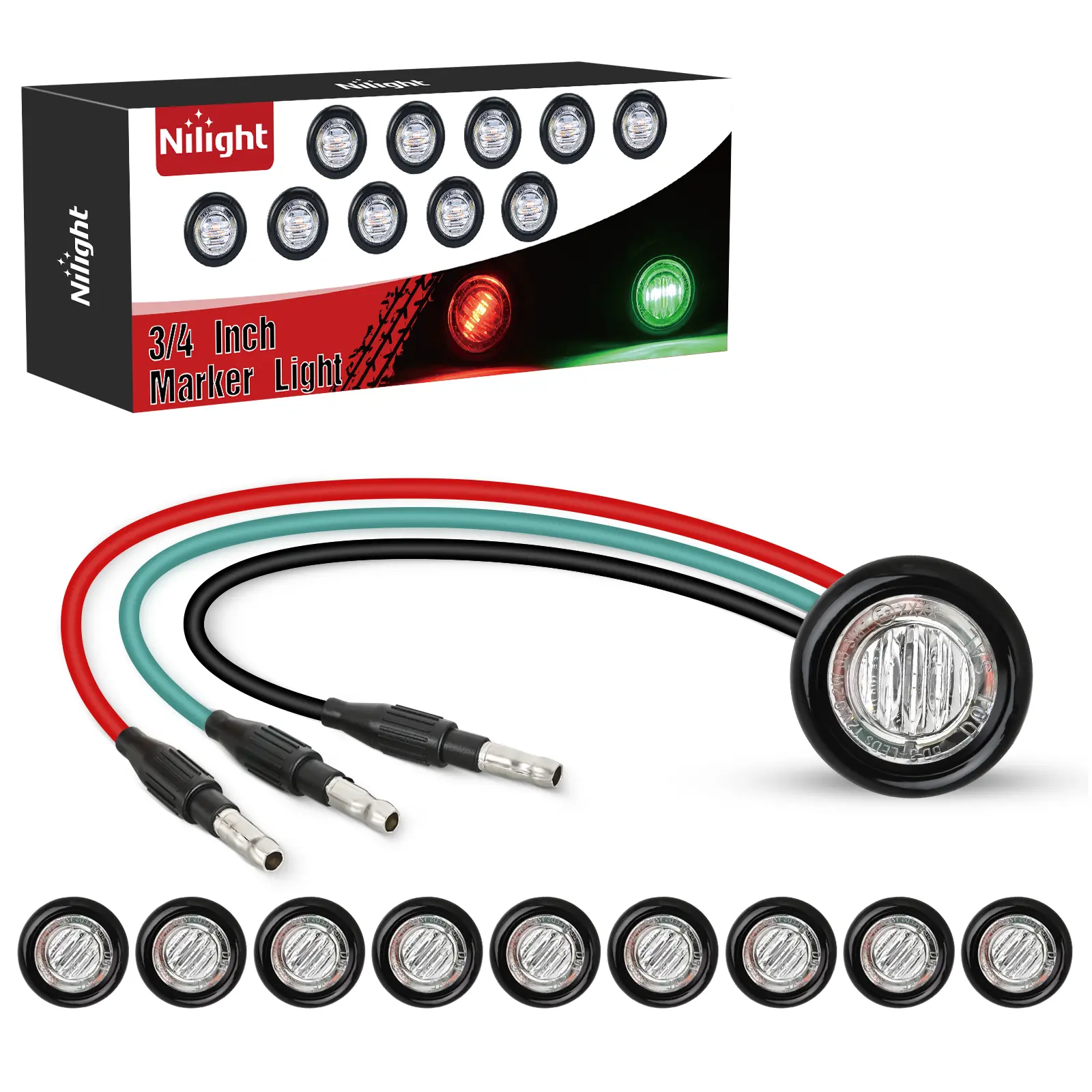 Nilight 3/4-Inch Bullet Shape Dual Color Marker Lights (10PCS), Red to Green Brake Signal Clearance Indicators, 3-Plug Plug N' Play, IP68 Waterproof Reinforced PC for Trailer Trucks, RV