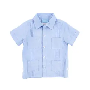 Blue Gingham Guayabera Shirt - Boys Pleated Summer Shirt
