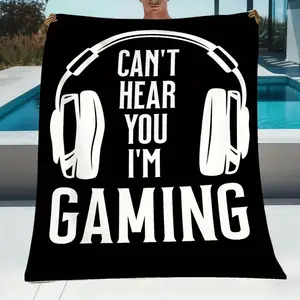 1-piece game-themed bedspread| Soft flannel blanket with the slogan "Can't hear you playing games" and headphone design, suitable for all seasons, black and white video game themed bedspread, suitable for boys' rooms, sofas, travel, PC/laptop accessories,