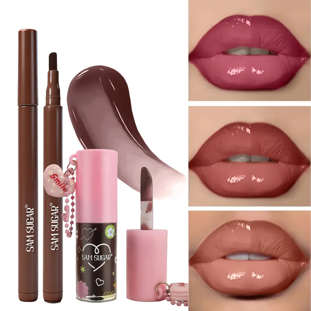 Sam Sugar Liquid Lip Liner and Lipgloss Duo Set, Smooth Application, Hydrate, Moisture and Moisturizing Effect, Long-Lasting Vibrant Color, Suitable for All Makeup Looks, Glossy