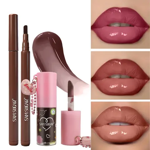 Sam Sugar Liquid Lip Liner and Lipgloss Duo Set, Smooth Application, Hydrate, Moisture and Moisturizing Effect, Long-Lasting Vibrant Color, Suitable for All Makeup Looks, Glossy, Lip Product