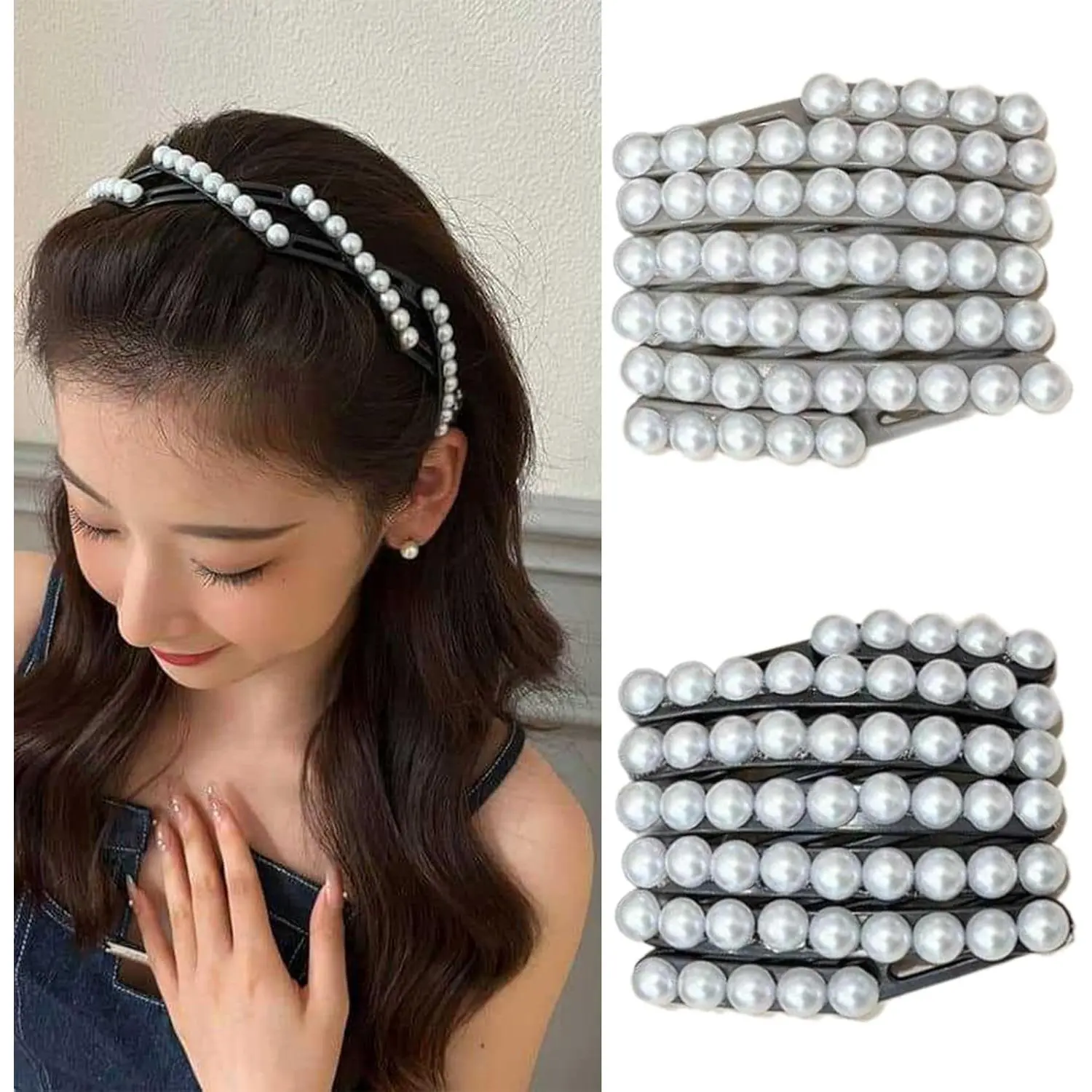 Fashion Portable Hair Hoop for Women Foldable Headband with Anti Slip Designs and Faux Pearls Decoration 4 items / set