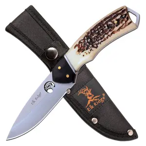 Elk Ridge Outdoors Fixed Blade Knife Faux Jig Bone Handle with Wooden Bolster Elk Cut Out, 8 inches Overall (ER-200-21JB)