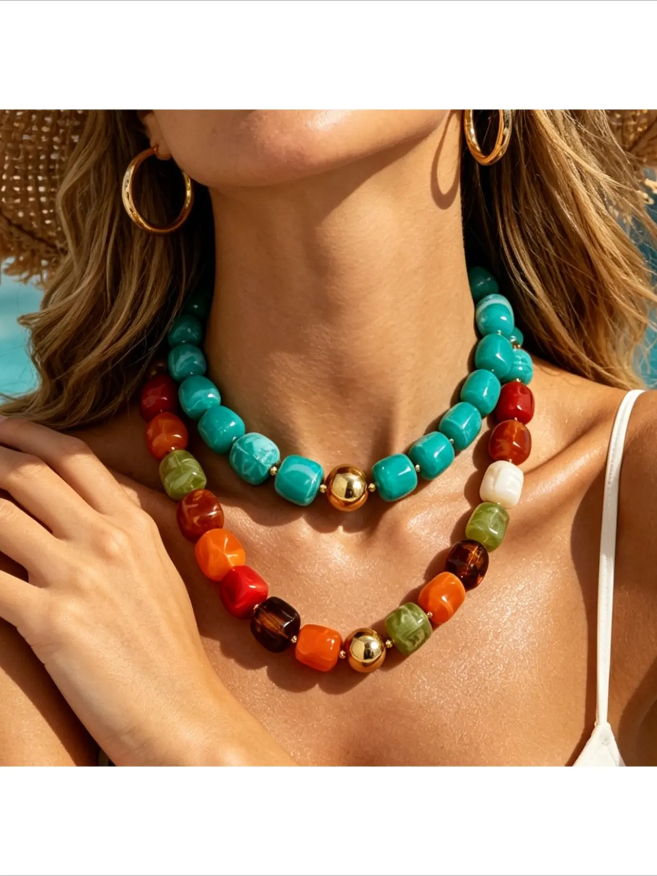 Dopamine Colorful Square Beaded Necklace | Vibrant Candy-Colored Resin Bead Choker with Gold Accents | Trendy Summer Statement Jewelry for Women Beaded Pendant Necklace | Fashionable Jewelry Accessories