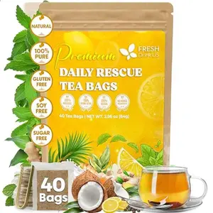 【FreshDrinkUS】 Premium 40 Tea Bags Daily Rescue Lemon Ginger Tea - 9 Superherbs – 100% Natural Ingredients, Tea Mix for Wellness Boost - Shelf-Stable, Caffeine-Free, Sugar-Free, Vegan