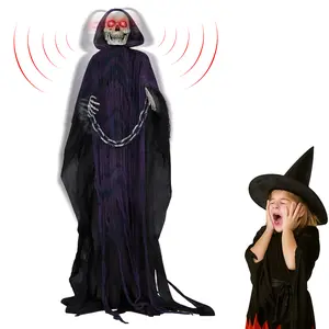 Ubesgoo 6ft Halloween Decorations Outdoor Life Size Animatronics Grim Reaper with Chain, Sound-Actived Party Decor with Creepy Sound , Scary Haunted House Props for Garden Yard Lawn