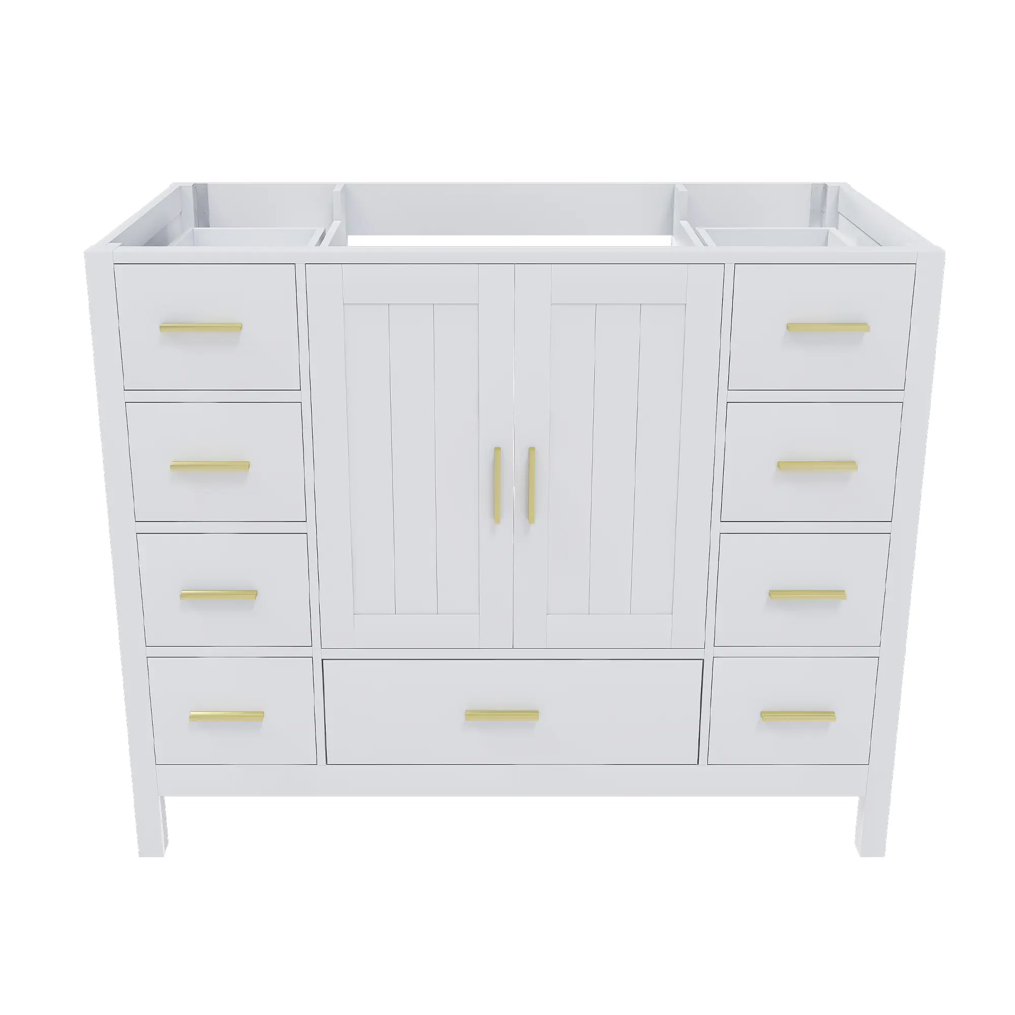 42-Inch Bathroom Vanity Base Cabinet, White Wood Floor Cabinet with 9 Drawers and 2 Soft-Close Doors, Gold-Tone Handles, Modern Storage Organizer for Bathroom Essentials