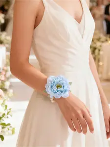 Elegant Blue Garden Rose Wrist Corsage - Bridal Headpiece, Bridesmaid Wrist Corsage, Party Bracelet, with Artificial Pearl Chain and Green Leaves, Durable, Soft and Comfortable, for Bride, Bridesmaid, Groom/Bride