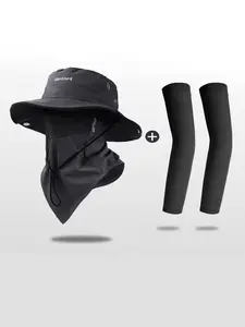 Sun Protection Set (hat + Face Mask + Ice Sleeves), Outdoor Wide Brim Sun Hat, Foldable Brim, Beach Fishing Cap, Unisex, Breathable Mesh