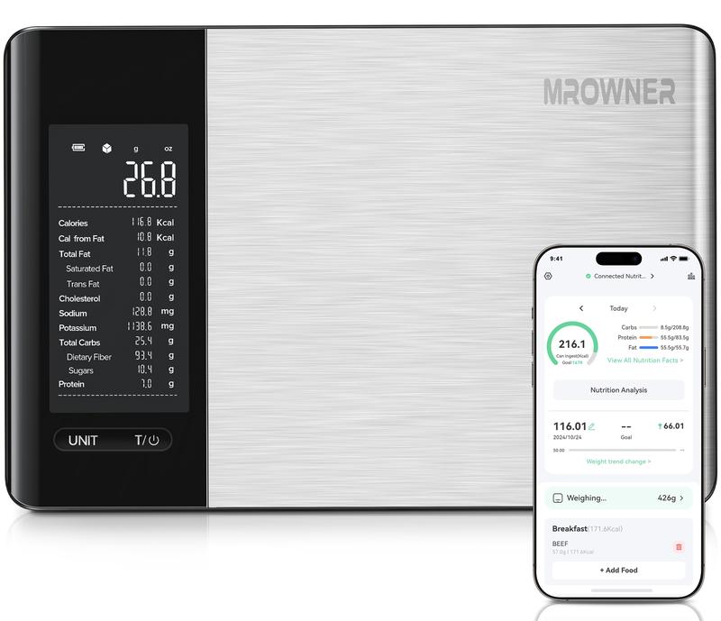 MrOwner Smart Food Kitchen Nutrition Scale with Nutritional Calculator, Free App with 19 Nutrients Tracking, Calorie, Marco, Digital Weight Grams and Ounces, Premium Stainless Steel, 22lb