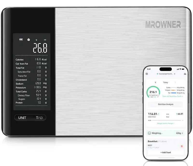MrOwner Smart Food Kitchen Nutrition Scale with Nutritional Calculator, Free App with 19 Nutrients Tracking, Calorie, Marco, Digital Weight Grams and Ounces, Premium Stainless Steel, 22lb