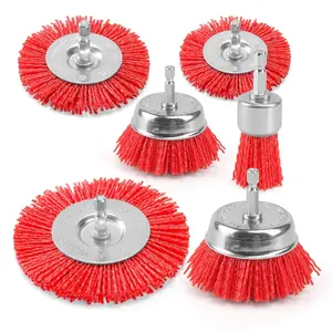 Nylon Abrasive Brush for Drill, 6 Pack Nylon Filament Wire Wheel & Cup Brush Set, 1/4 Inch Hex Shank, 3" and 2.6" Red Coarse Abrasive Bristle Drill Brushes for Paint, Corrosion, Rust Removal