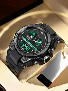 Trendy Men's Quartz Modern Waterproof Watch with Large Dial, Stylish LED Dual Display Alarm Clock, Multifunctional Sports Electronic Timepiece
