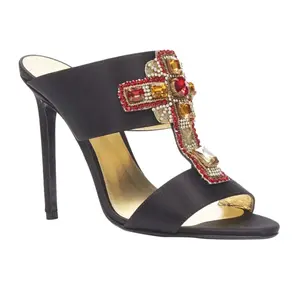 Pre-owned Versace Women's VERSACE 2018 Tribute Byzantine Cross Jewel crystal black satin sandals EU38 by Rebag