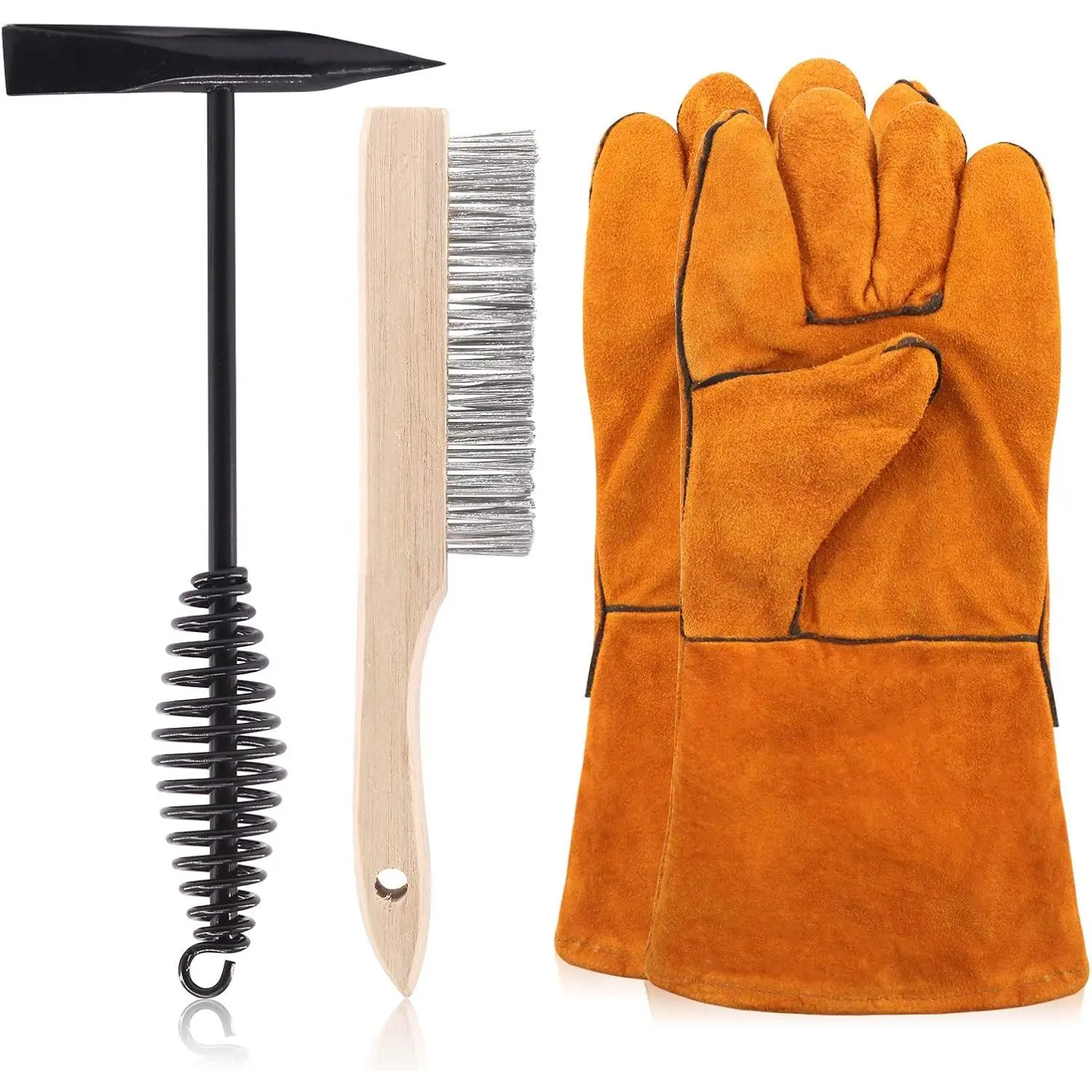 4 count 10 Inch Scratch Wire Brush Welding Hammers Slag  with Welding Gloves,10 Inch Welding Chipping Hammer with Steel Coil Spring Handle for Cleaning Removing Slag