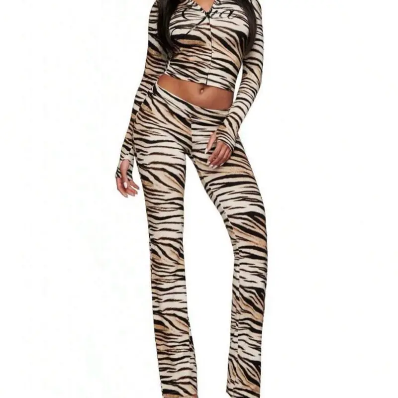 Women’s 2-Piece Zebra Print Loungewear Set - Long-Sleeve Top, Long Bottoms