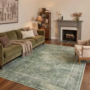 【Summervibes】GENIMO Vintage Faded Non Slip Machine Washabele Runner Rugs, Soft Lightweight Floral Rugs for Hallway Entryway Kitchen Bedside Laundry Room Bathroom Corridor, Green
