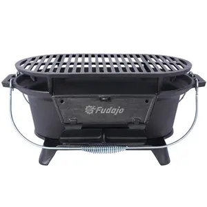 Fuddjo Oval Portable Cast Iron Charcoal Grill Griddle - 19.6x10.6x8.2 In Heavy-Duty Enamel Coated Tabletop BBQ, Heat Retention Outdoor Cooker with Handles for Camping, Picnic