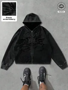 Men's Short Hooded Cardigan Sweatshirt, Embroidered Spider Patchwork, Vintage Style, Casual Fashion, Streetwear, Fall & Winter, Black