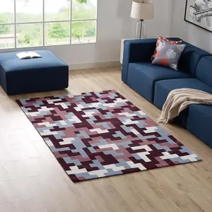 Modway Andela Interlocking Block Mosaic 5x8 Area Rug in Multicolored Red and Light Blue